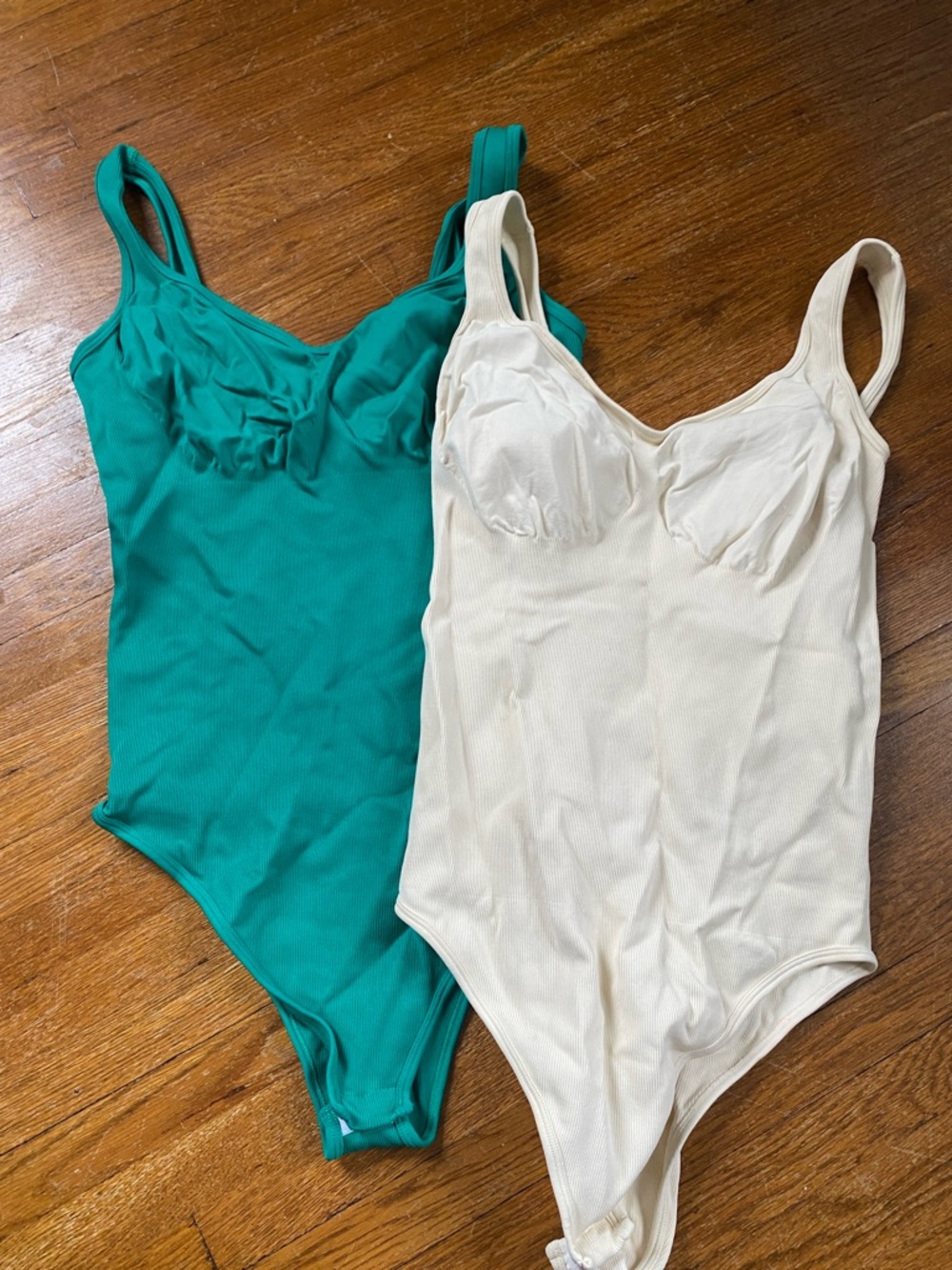 Sleeveless Ribbed Bust-Detail Bodysuit in Teal and Cream